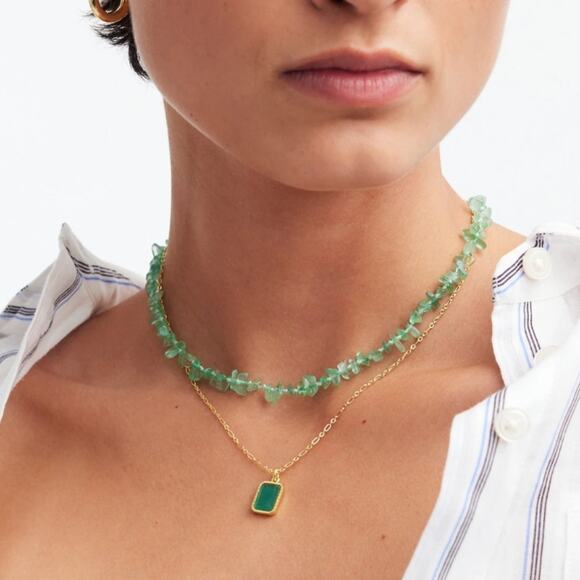 Madewell Stone Two Piece Green Fluorite Gold Dainty Chain Necklace Set - Picture 1 of 11